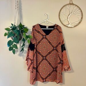 1970s Paisley Print Patterned Bell Sleeve  Mini Dress Women’s Size M